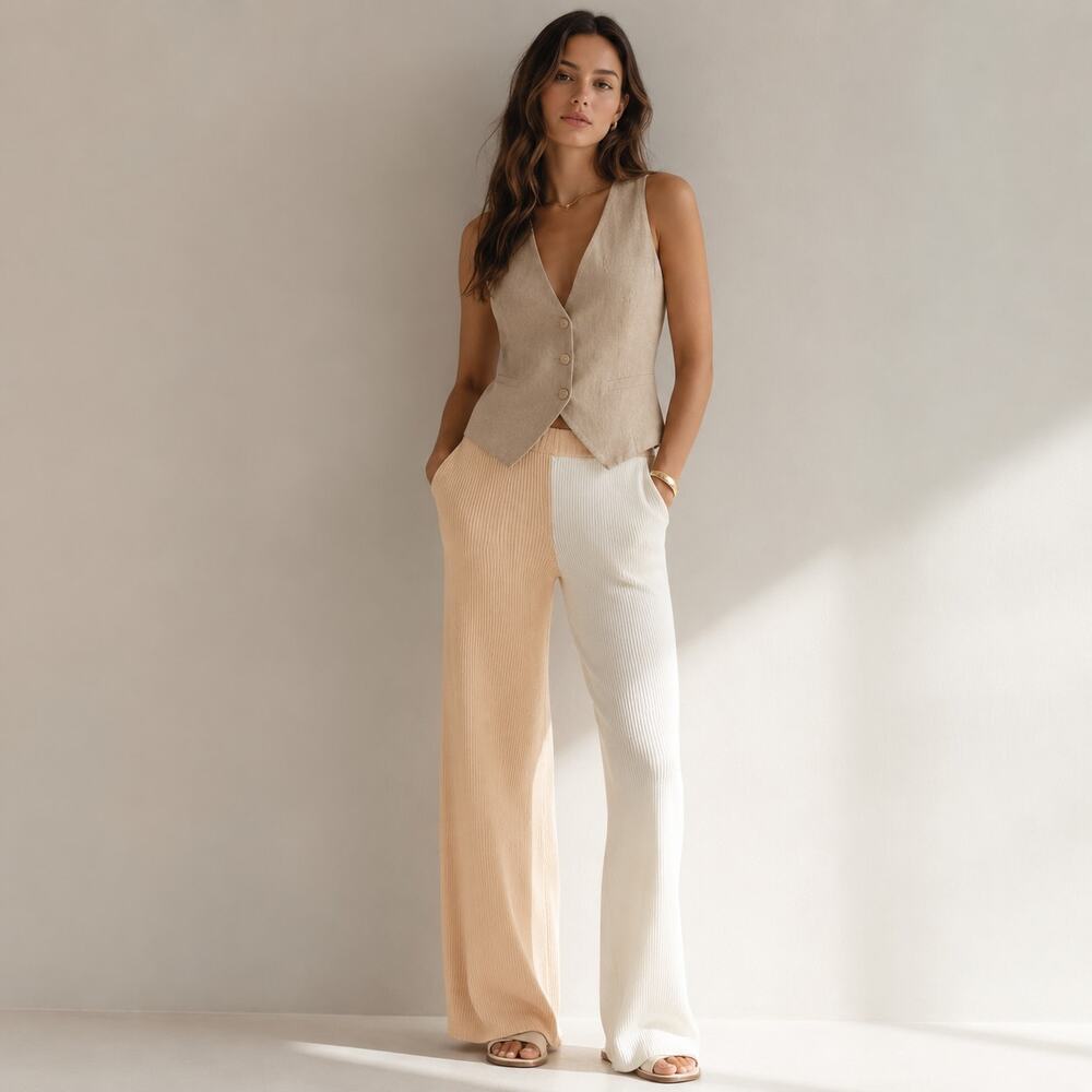 Ronny Kobo 2 Tone Ribbed Knit Straight Leg Coloroblock Cream/White Pants, size S